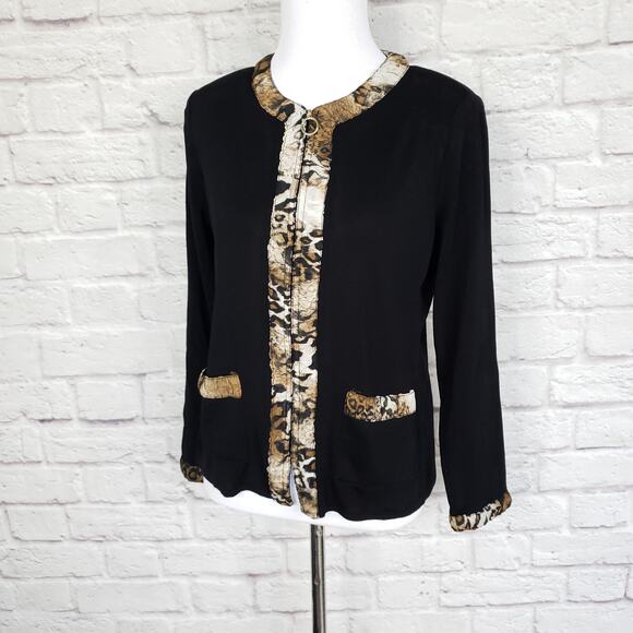 Exclusively Misook Black Full Zip Front Jacket Animal Print Trim Pockets Size XS - Picture 7 of 13